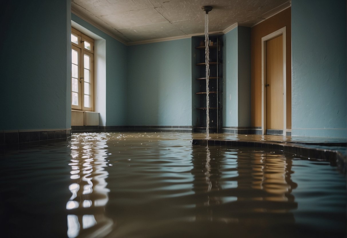 Water seeping into a flooded room, causing damage to the walls and floors. Restoration equipment in use to dry and repair the affected area