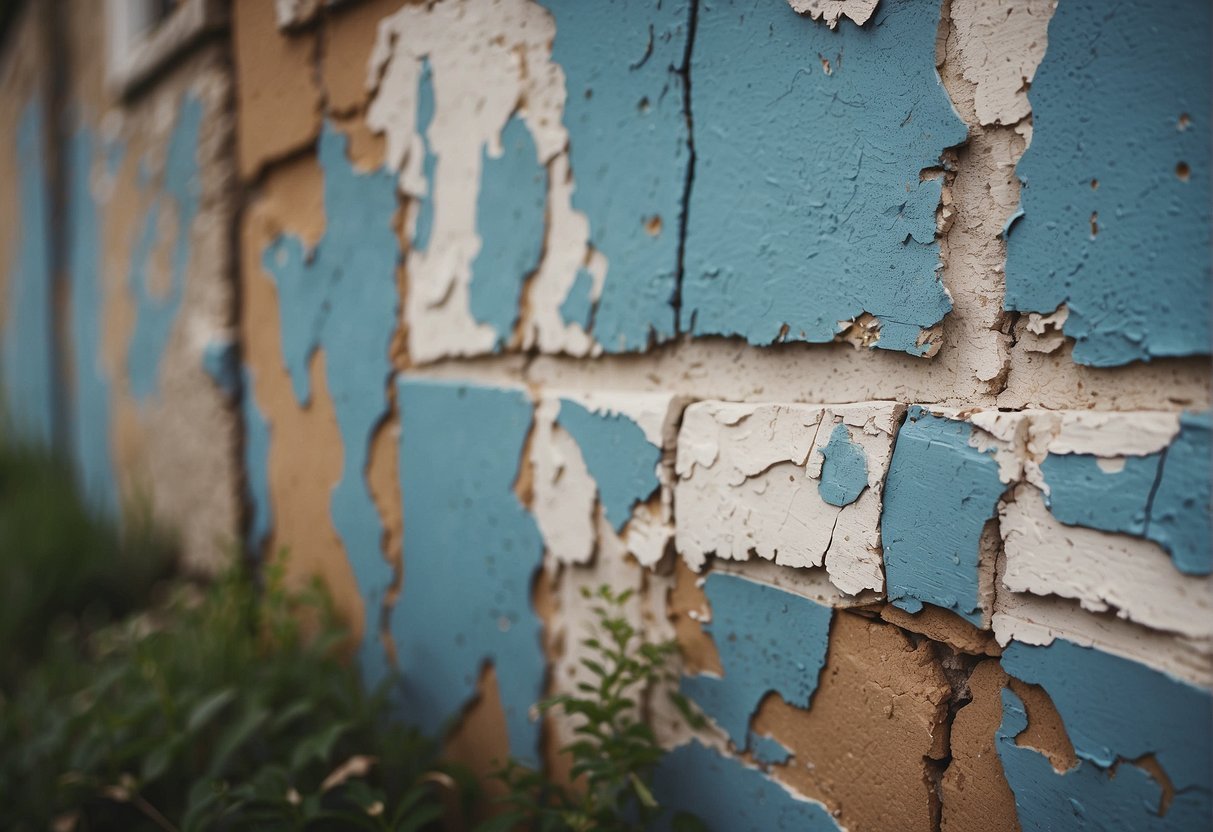 A water-damaged wall with peeling paint and visible moisture stains