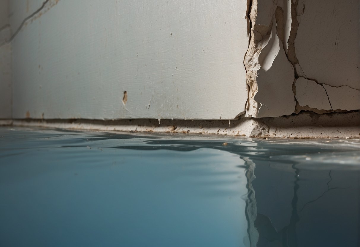 A water-damaged drywall with visible stains and bulging. Surrounding area may show signs of water infiltration