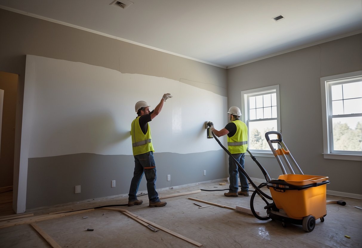 Wet drywall being removed and replaced with new drywall in a construction setting