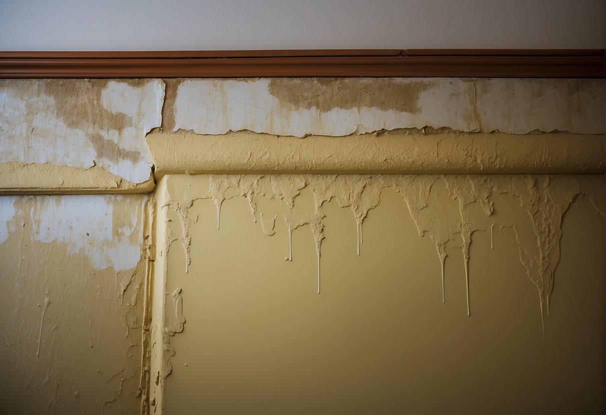 A water-damaged drywall with visible signs of moisture, discoloration, and sagging, surrounded by water stains and mold growth