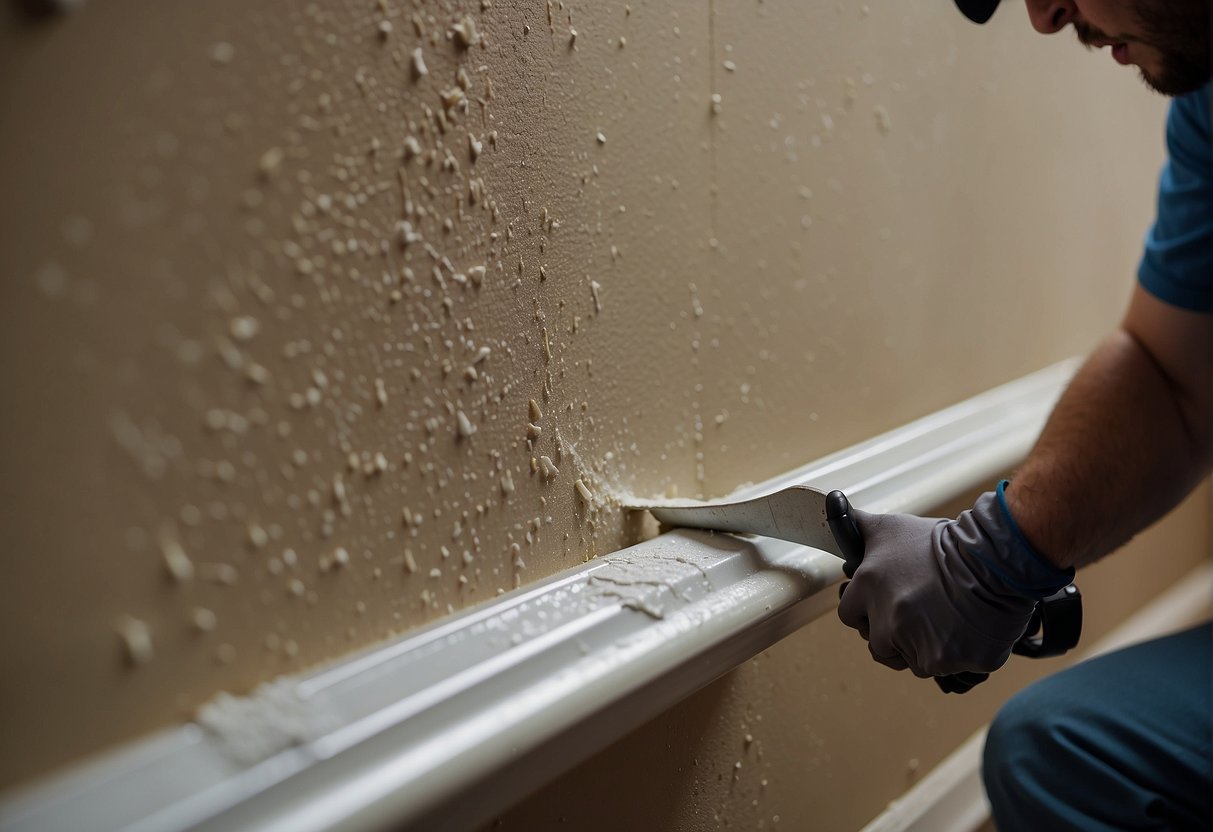 A damaged section of wet drywall is being cut out and replaced with a new piece, while nearby, another section is being repaired with joint compound and sanding