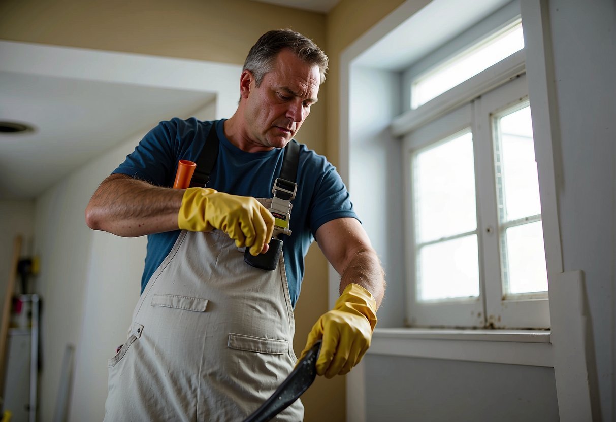 A contractor patches a wet drywall, sanding and repainting the affected area for restoration