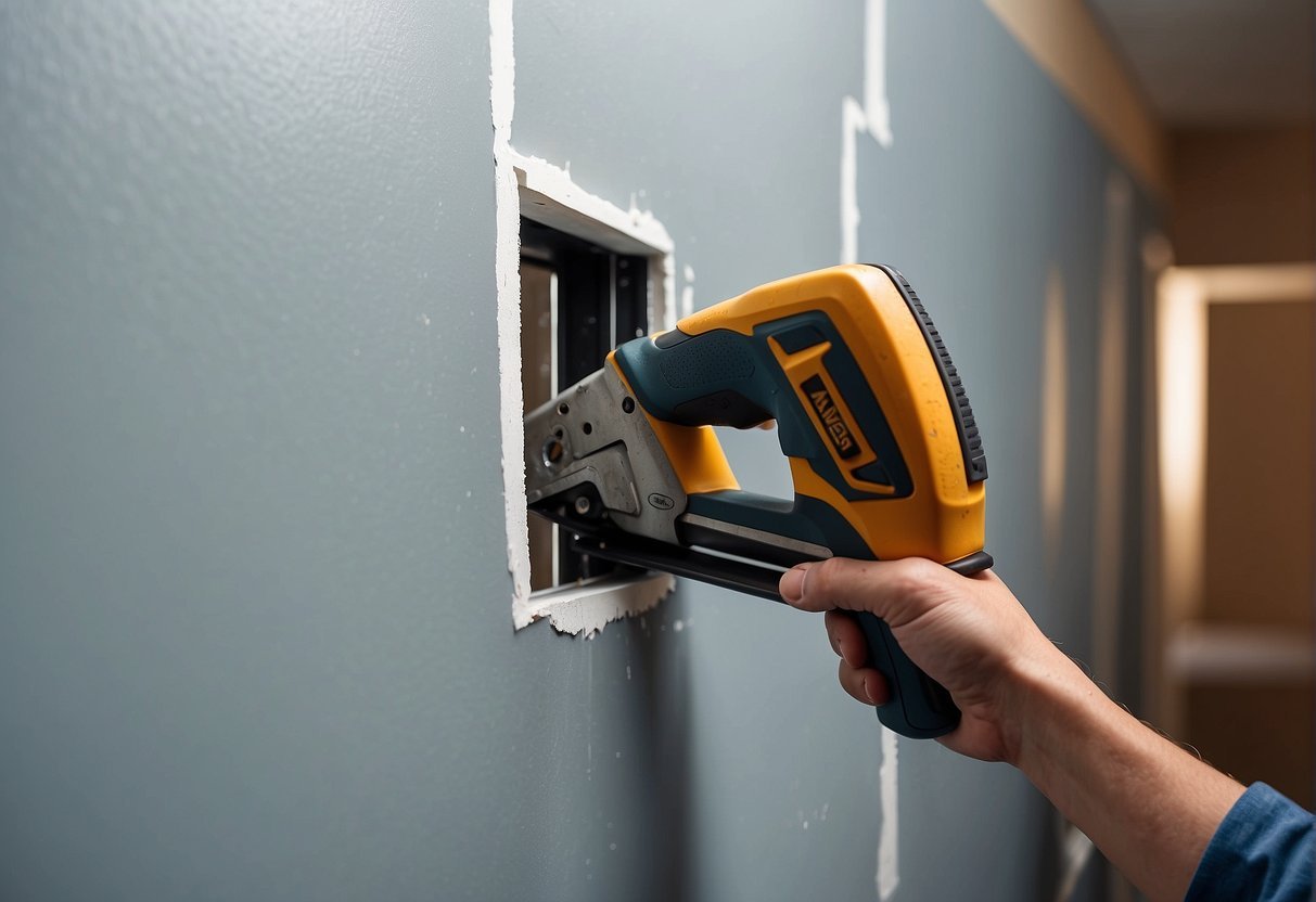 A damaged section of wet drywall is cut out and removed. A new piece of drywall is measured, cut, and installed in its place