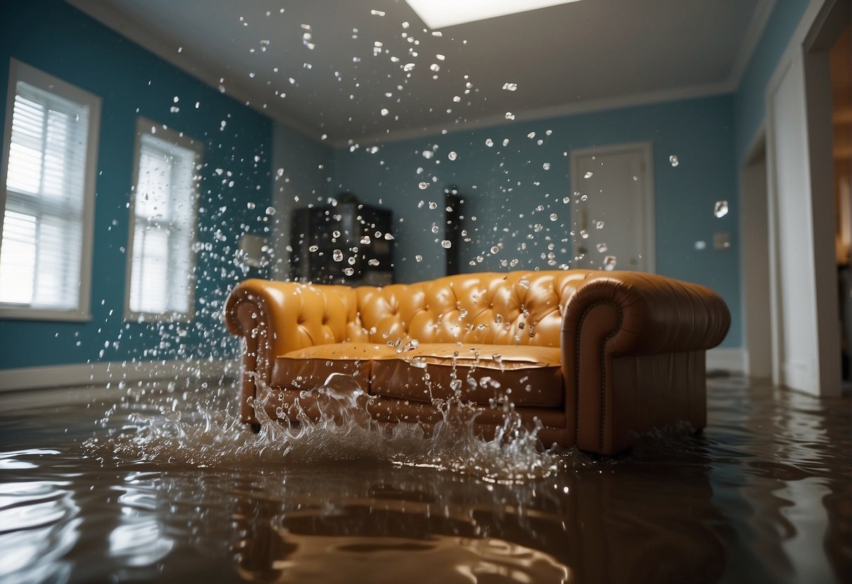 A burst pipe floods a room, soaking furniture and causing extensive damage