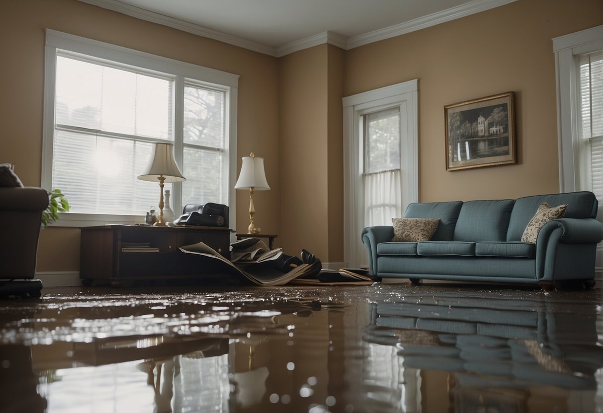 Water damage repair costs shown in a broken pipe flooding a room with water, damaged furniture, and a repair bill with a high price tag