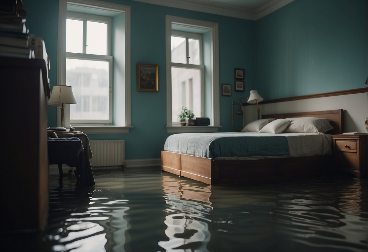 The room is flooded, with water pooling on the floor and seeping into the walls. Furniture and belongings are soaked, and the air is heavy with the smell of dampness