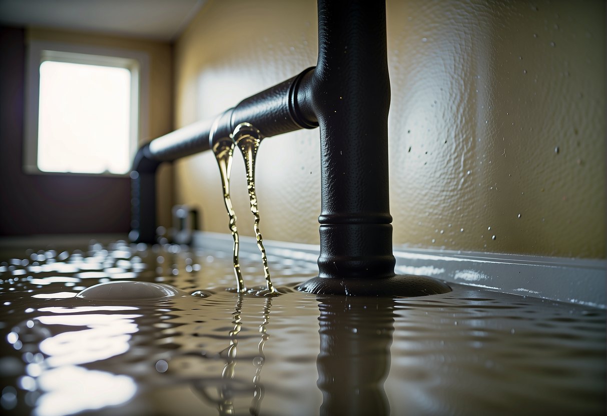 A broken pipe floods a room, damaging walls and furniture