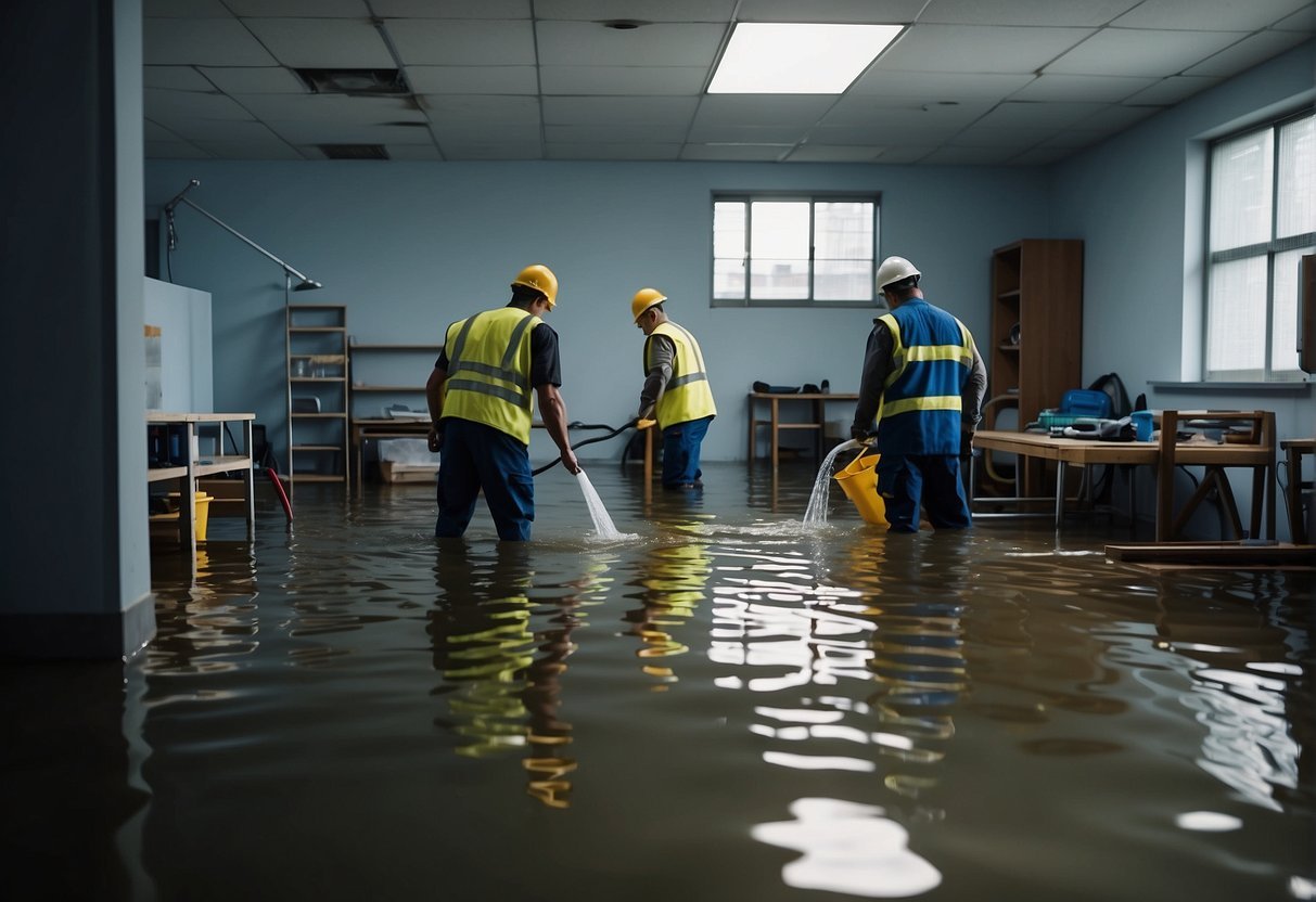 A flooded room with standing water, wet furniture, and damaged walls. Equipment and workers removing water and drying the area