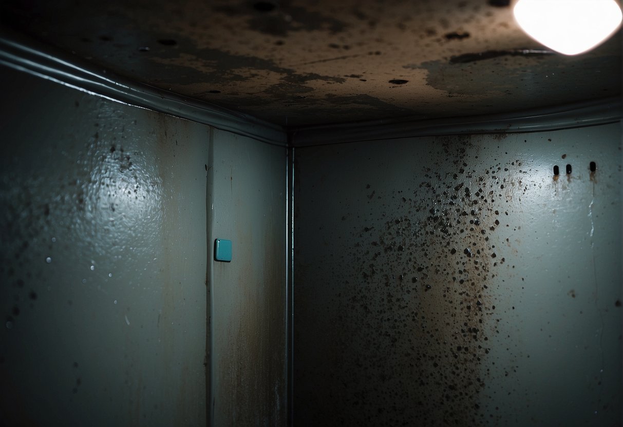 A dark, damp corner with patches of black mold spreading across the walls and ceiling