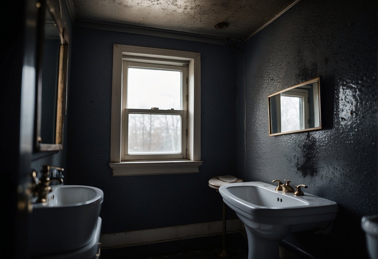 A dark, damp corner of a neglected bathroom with visible black mold growth on the walls and ceiling