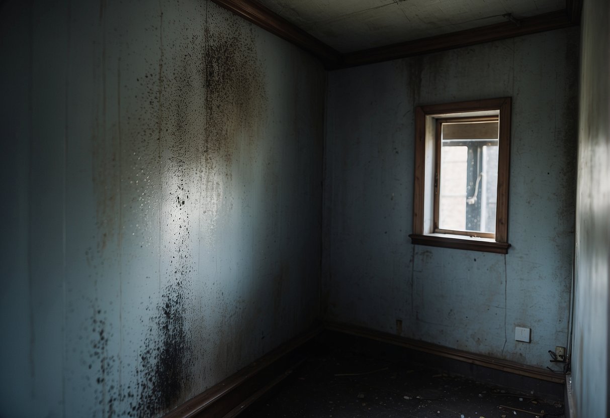 A dark, damp corner of a home with visible black mold growth on walls and ceilings