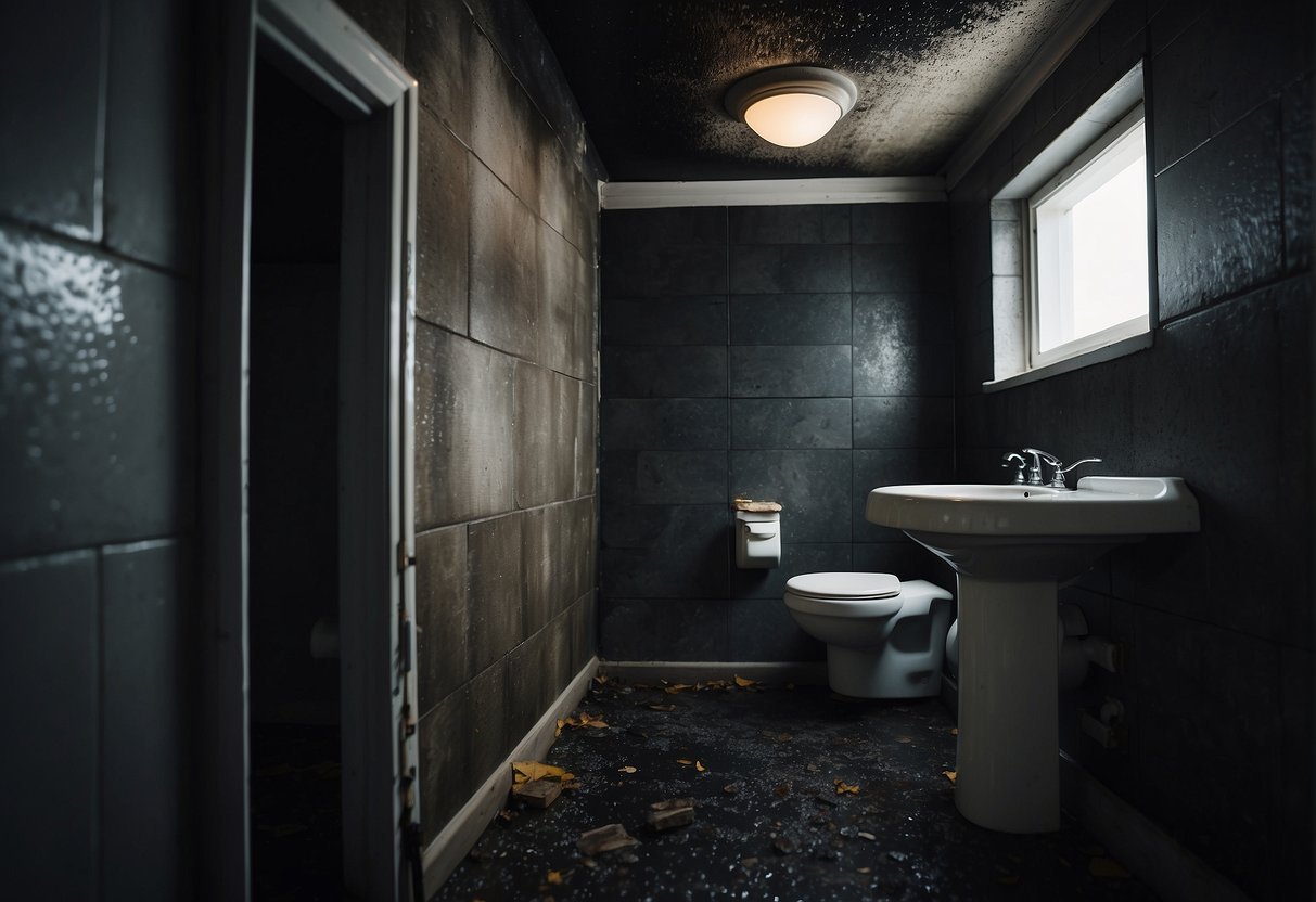 A dark, damp corner of a neglected bathroom, with black mold creeping along the walls and ceiling, emitting a musty, unpleasant odor