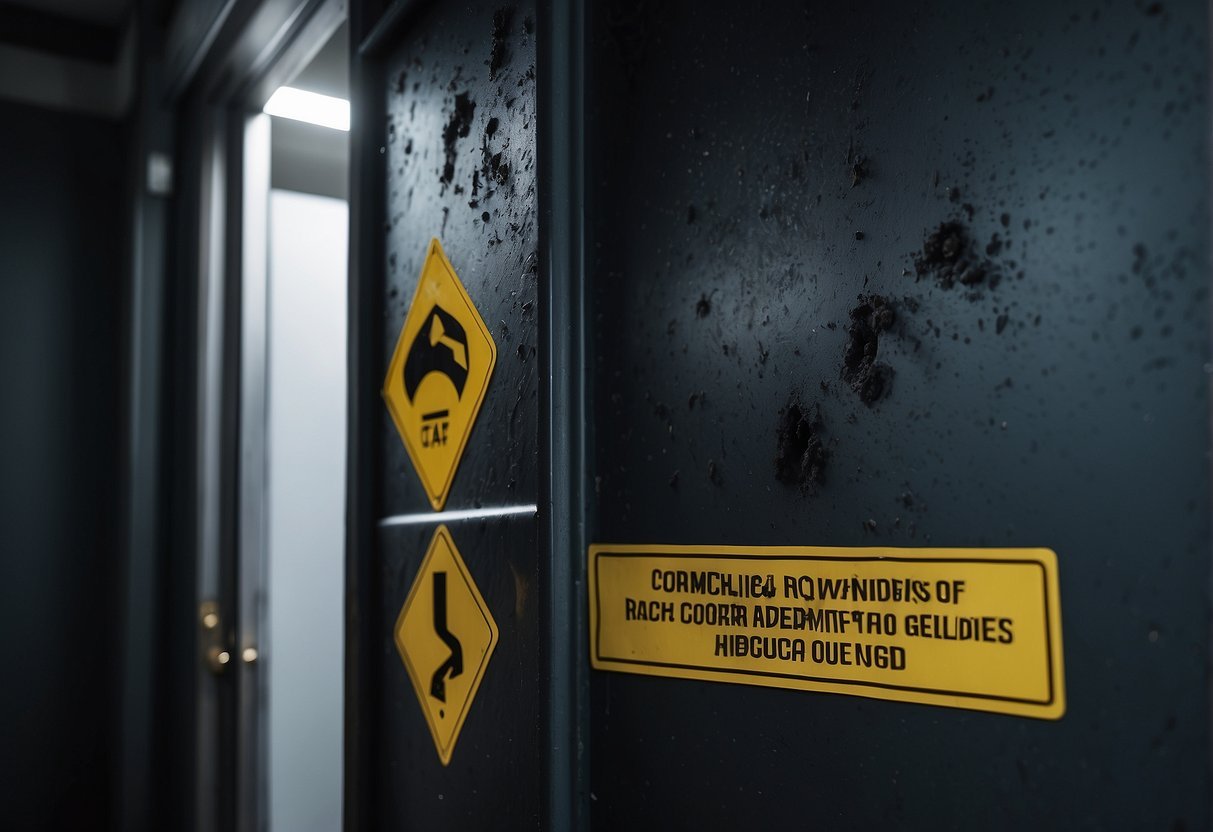 A dark, damp corner of a room with visible black mold growing on the walls and ceiling, surrounded by warning signs and health guidelines posters