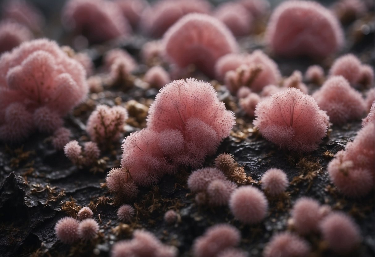 Pink mold grows on a damp, decaying surface, spreading in irregular patterns with a fuzzy texture