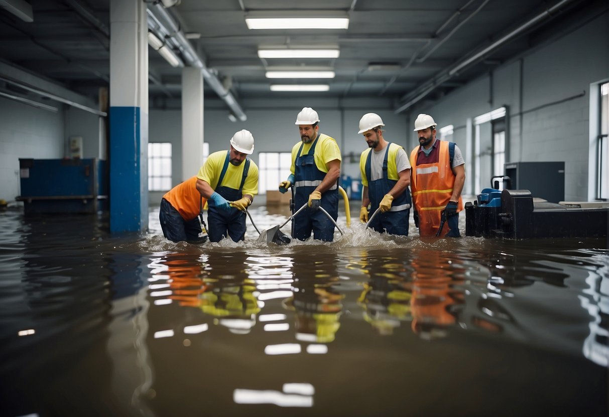 A team of workers uses industrial equipment to remove water and repair damage in a flooded building