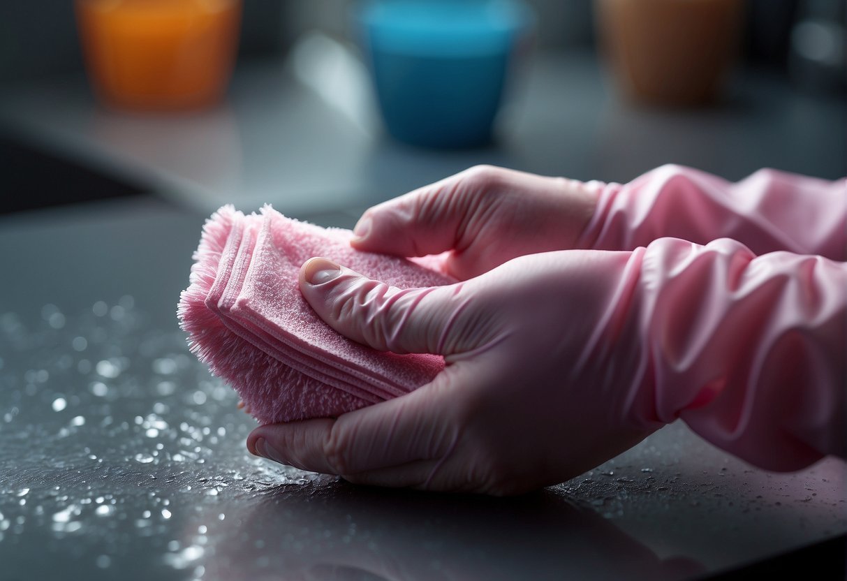 A gloved hand wipes pink mold from a damp surface using a cleaning solution and scrub brush