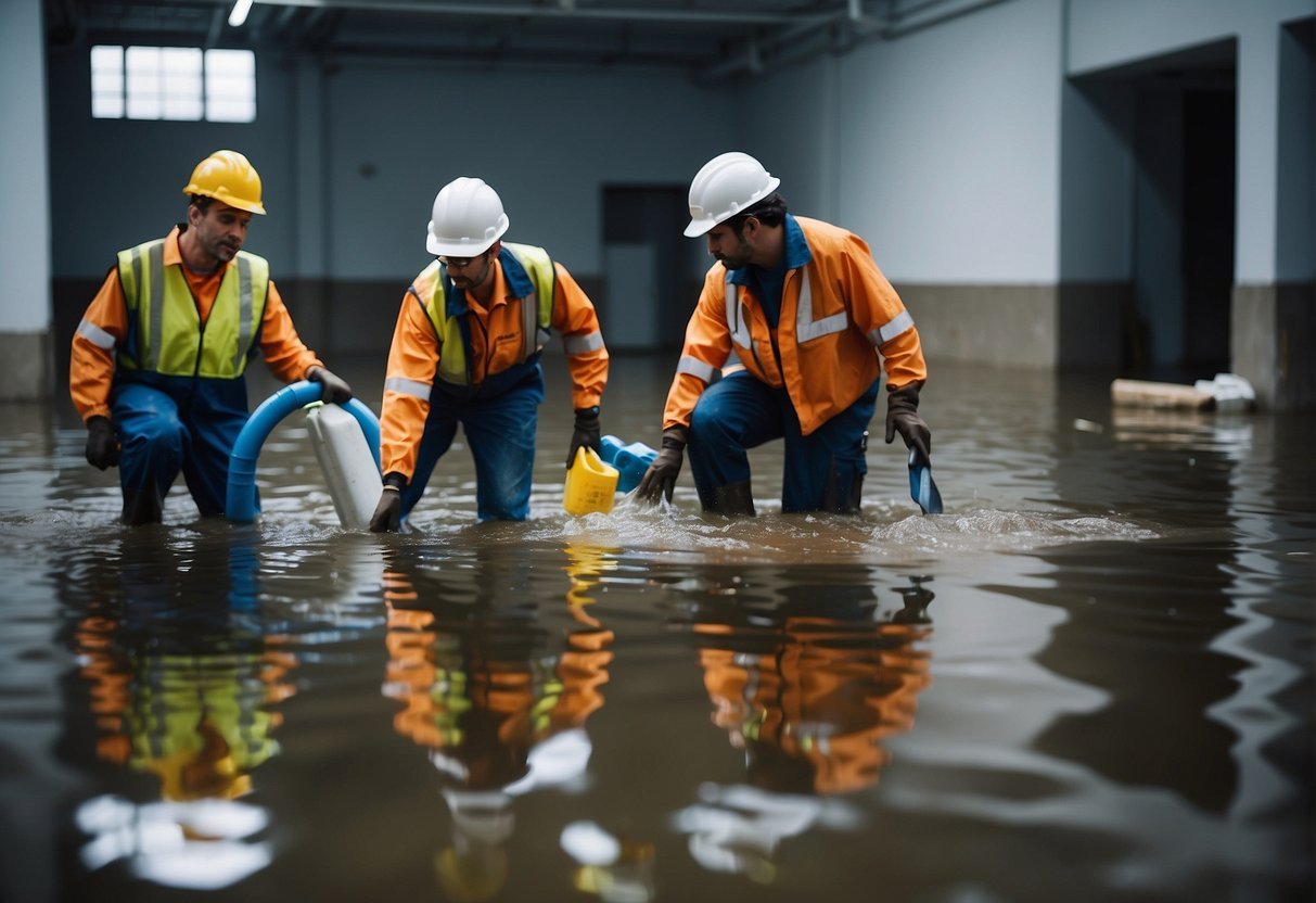 A team of workers extract water, dry surfaces, and clean up debris in a flooded building