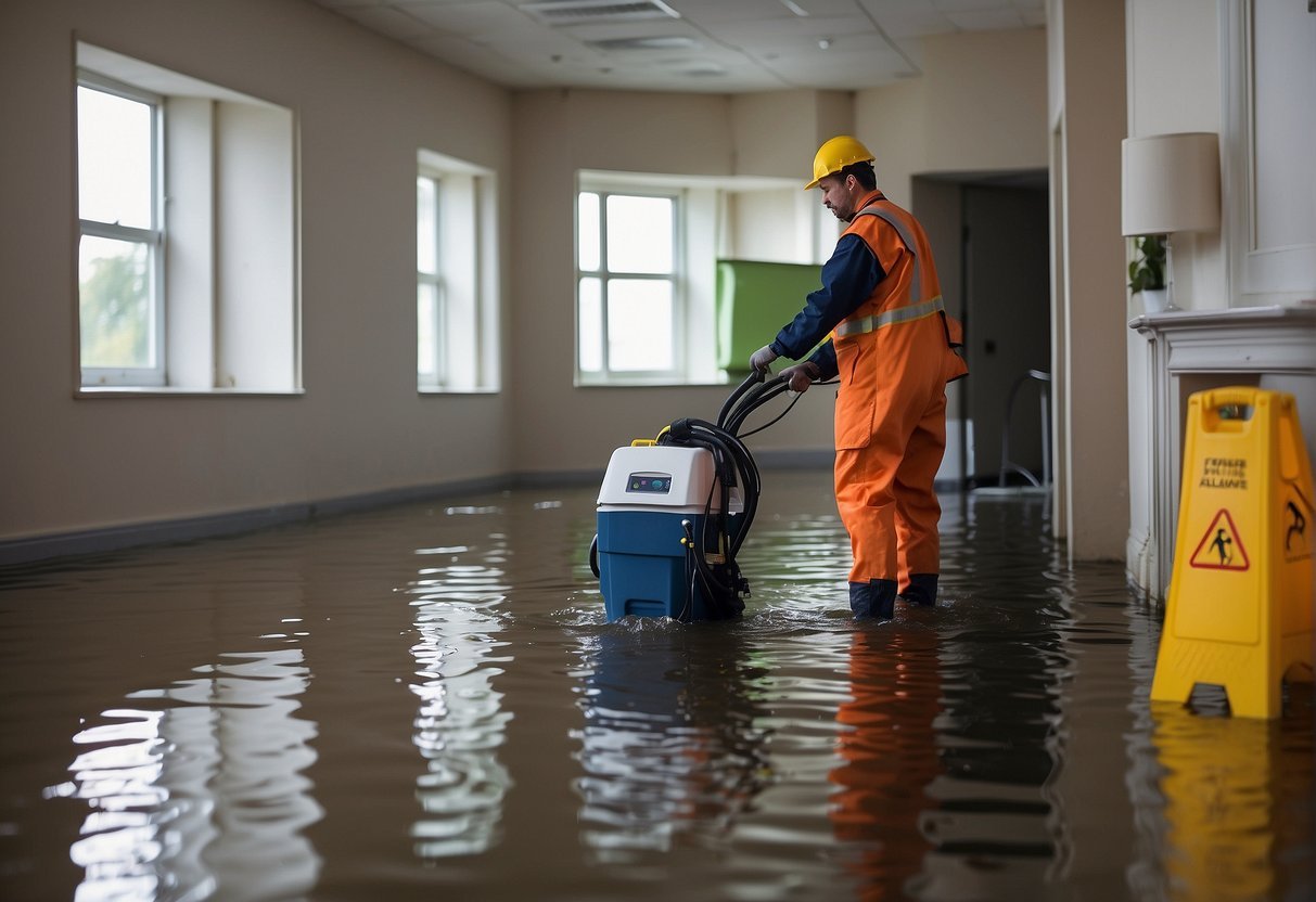 A flooded room with water extraction equipment and restoration tools. Wet furniture and damaged walls. A technician assessing the damage