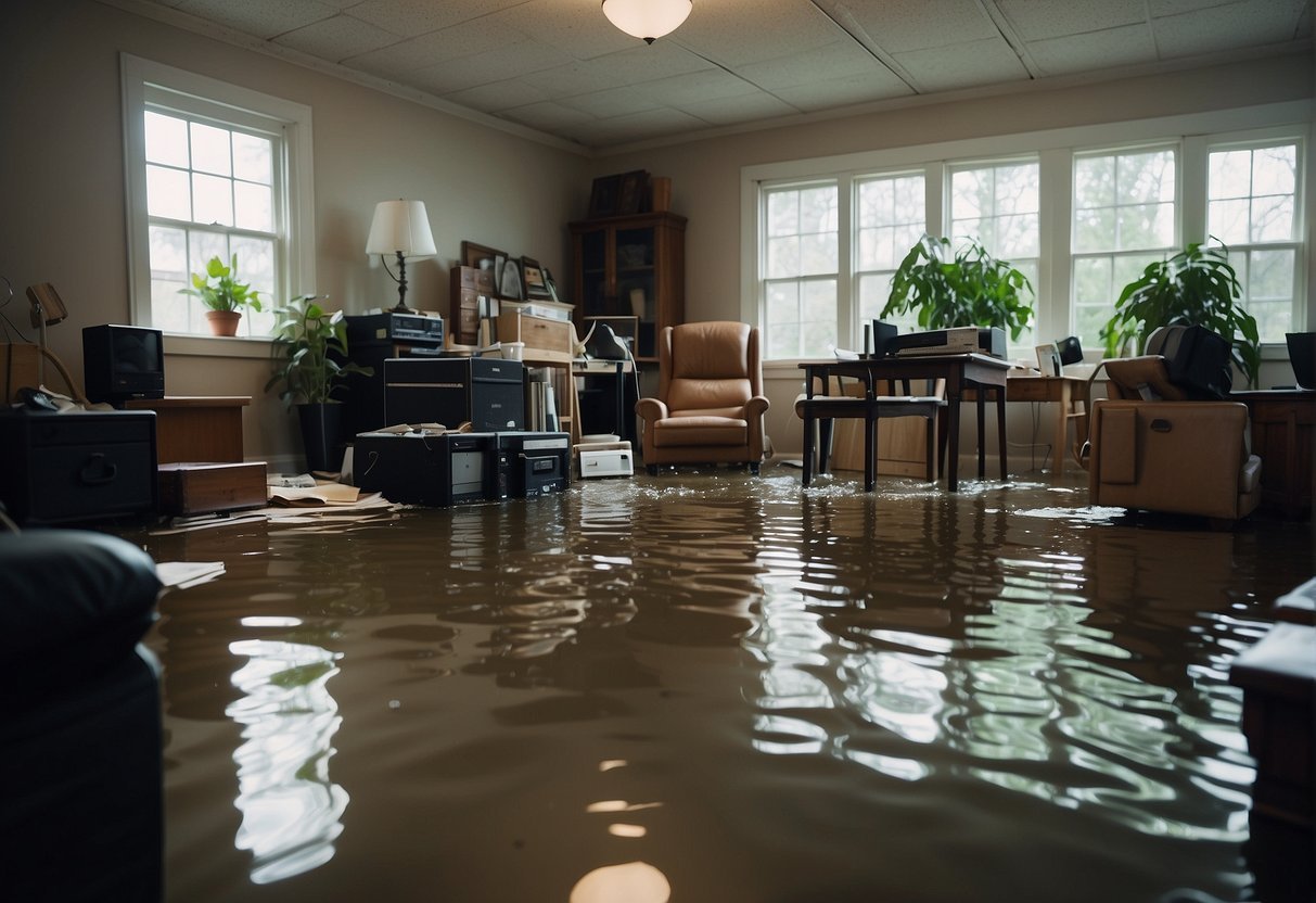 A flooded room with damaged furniture and electronics. An insurance adjuster and restoration team assess the damage. Financial documents and paperwork are scattered around