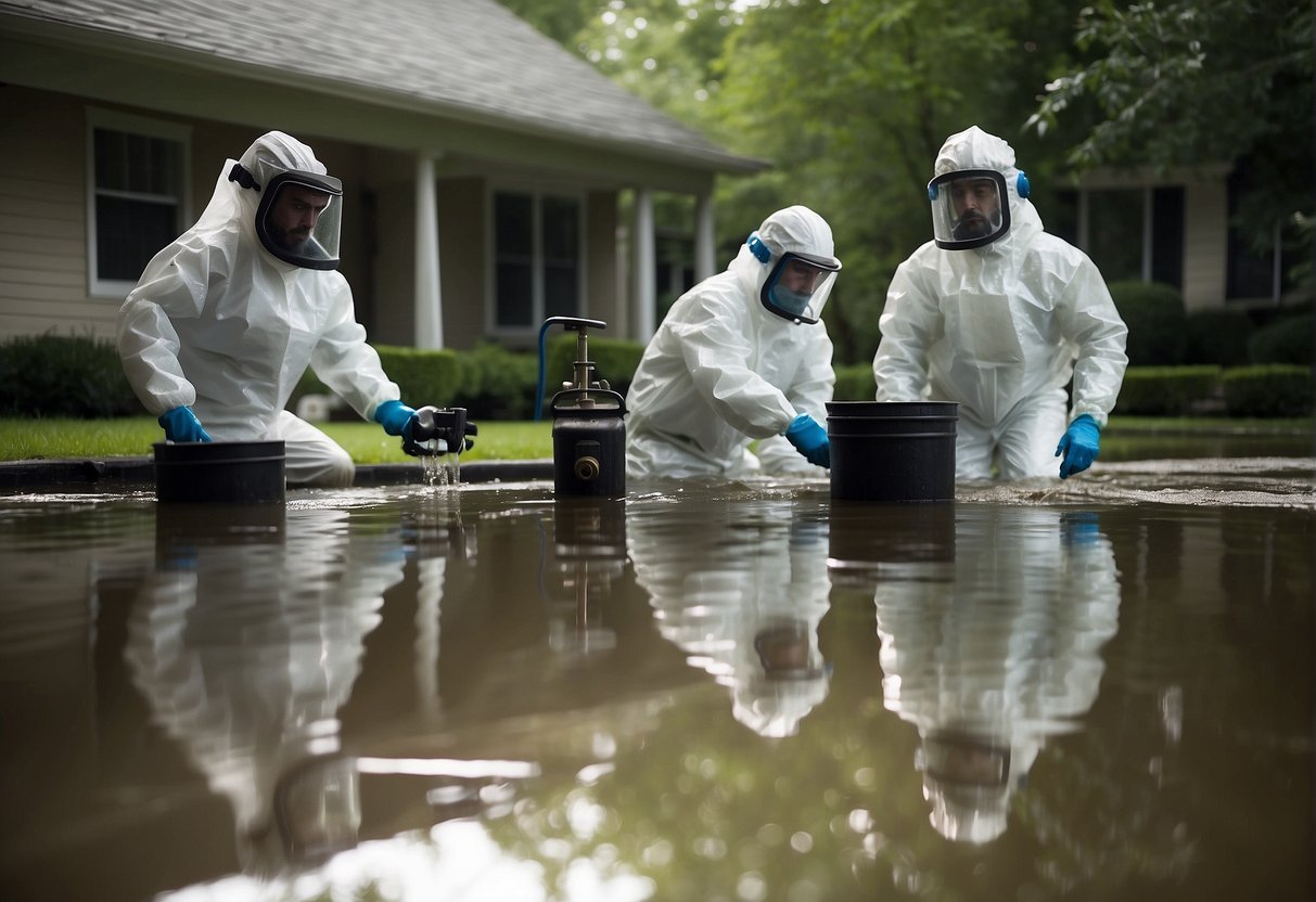 A team of professionals in protective gear assess and restore water-damaged property, using specialized equipment and techniques