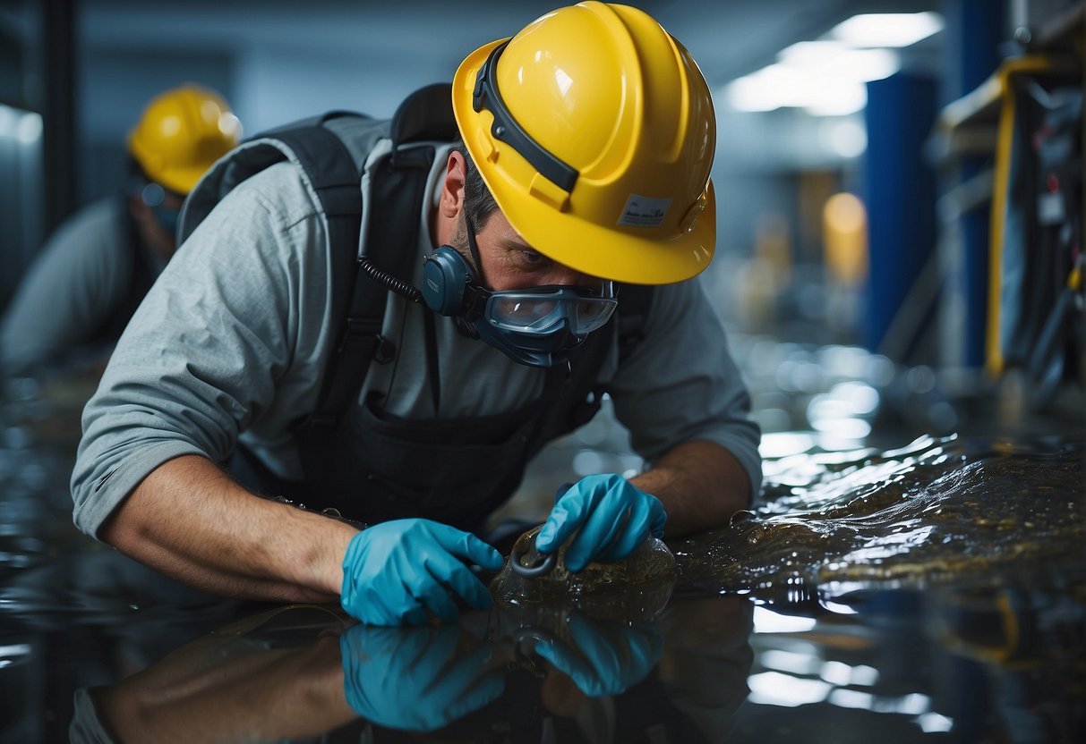 A technician inspects and repairs water-damaged structures using equipment and protective gear in a controlled environment