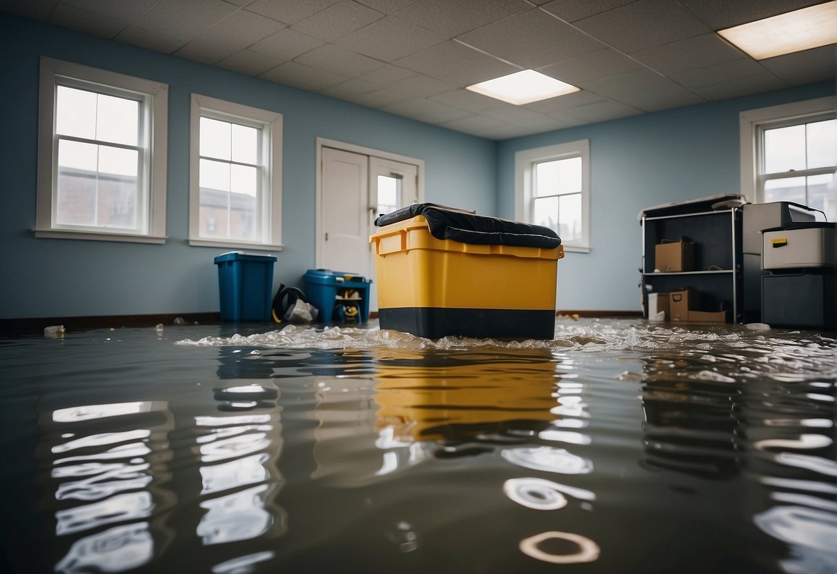 A flooded room with water damage, debris, and equipment for restoration