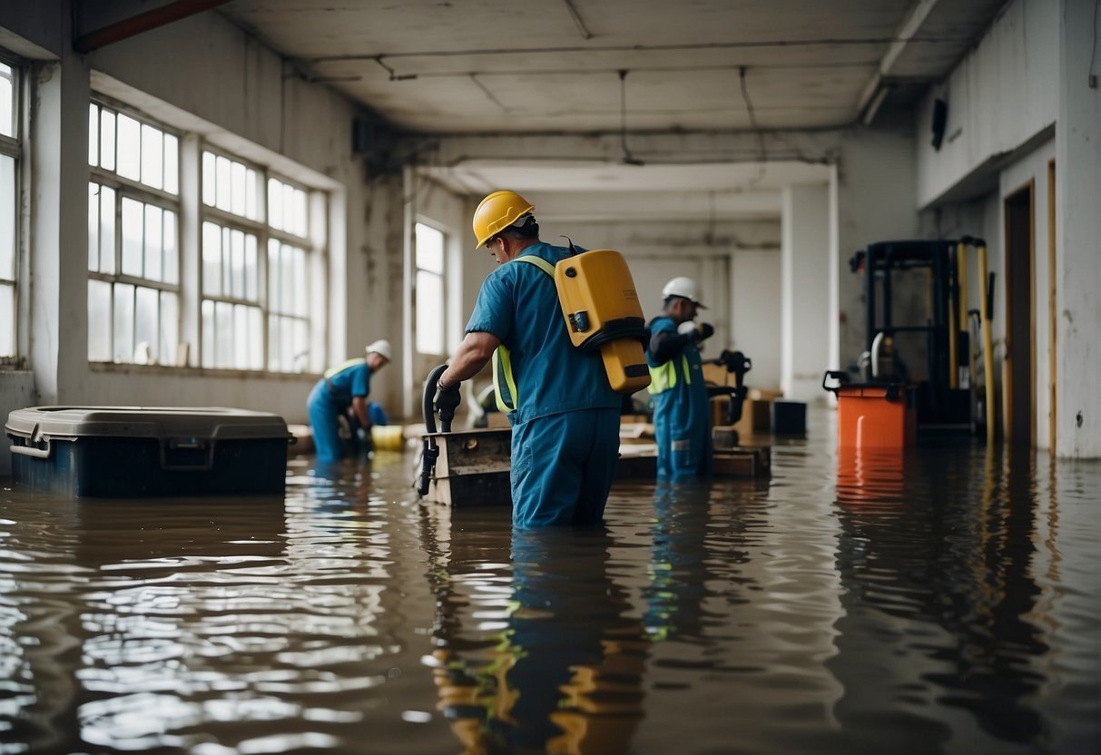 A flooded room with waterlogged furniture and damaged walls, a team of workers using industrial equipment to extract water and begin the restoration process